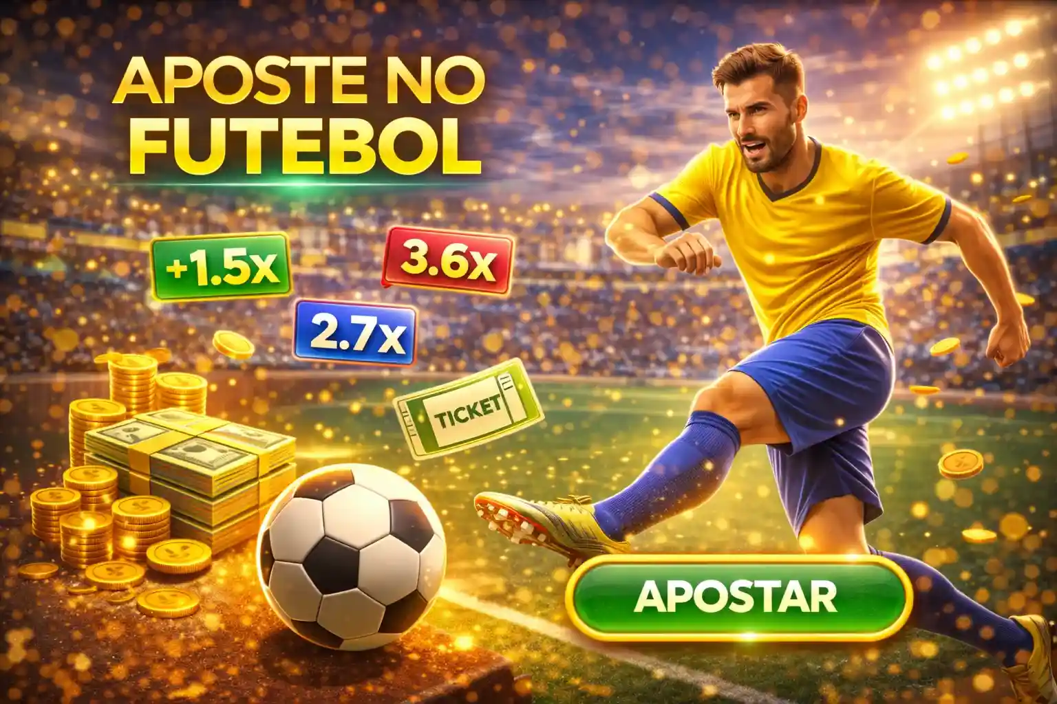 Jogador de futebol chutando bola com interface de apostas e odds visíveis