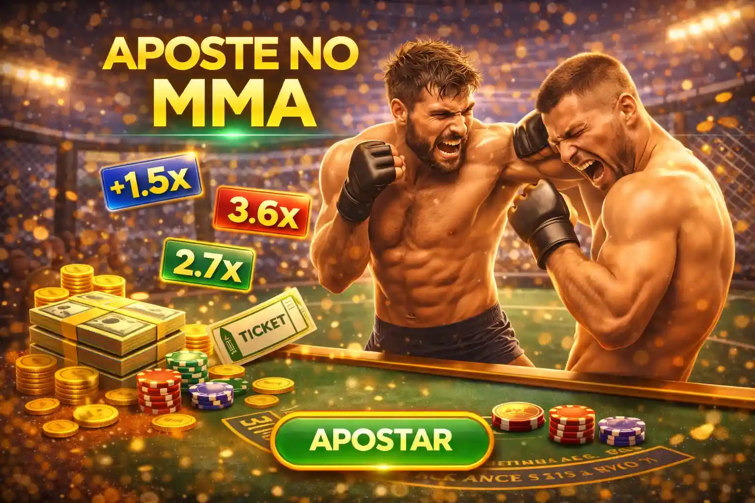 Lutadores de MMA em combate no octógono com opções de apostas