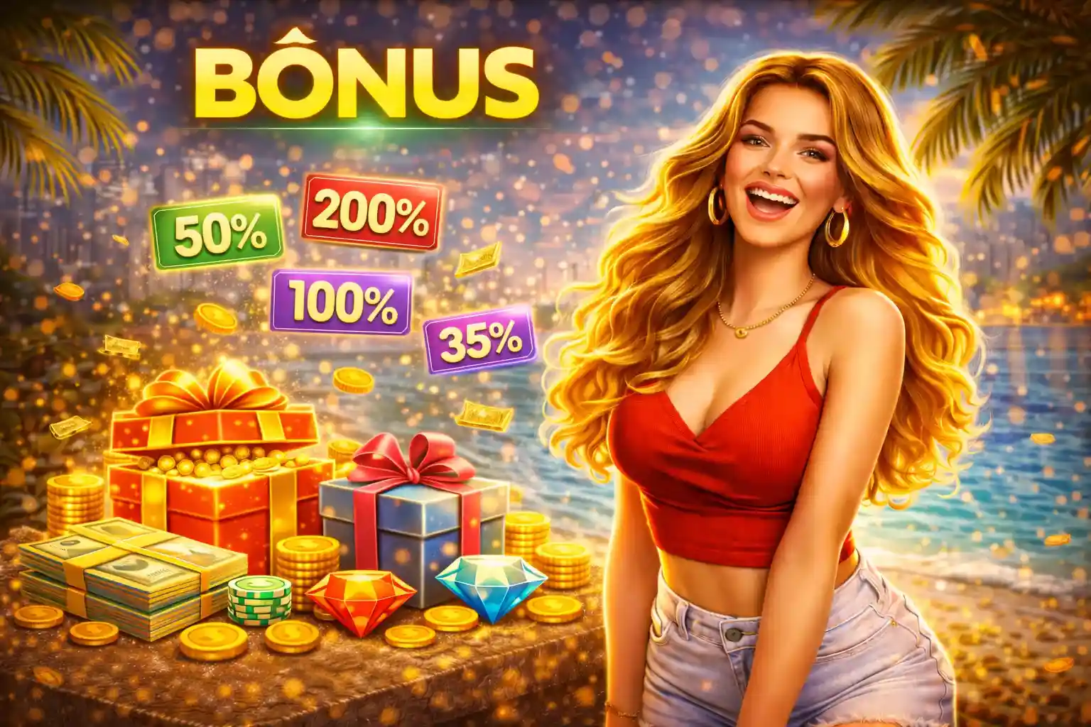 Mulher sorridente cercada por porcentagens de bônus e presentes