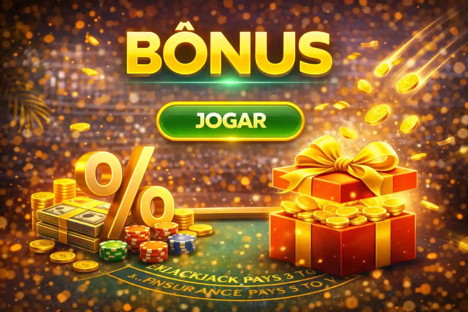 Caixa de presente vermelha com símbolo de porcentagem e botão jogar agora