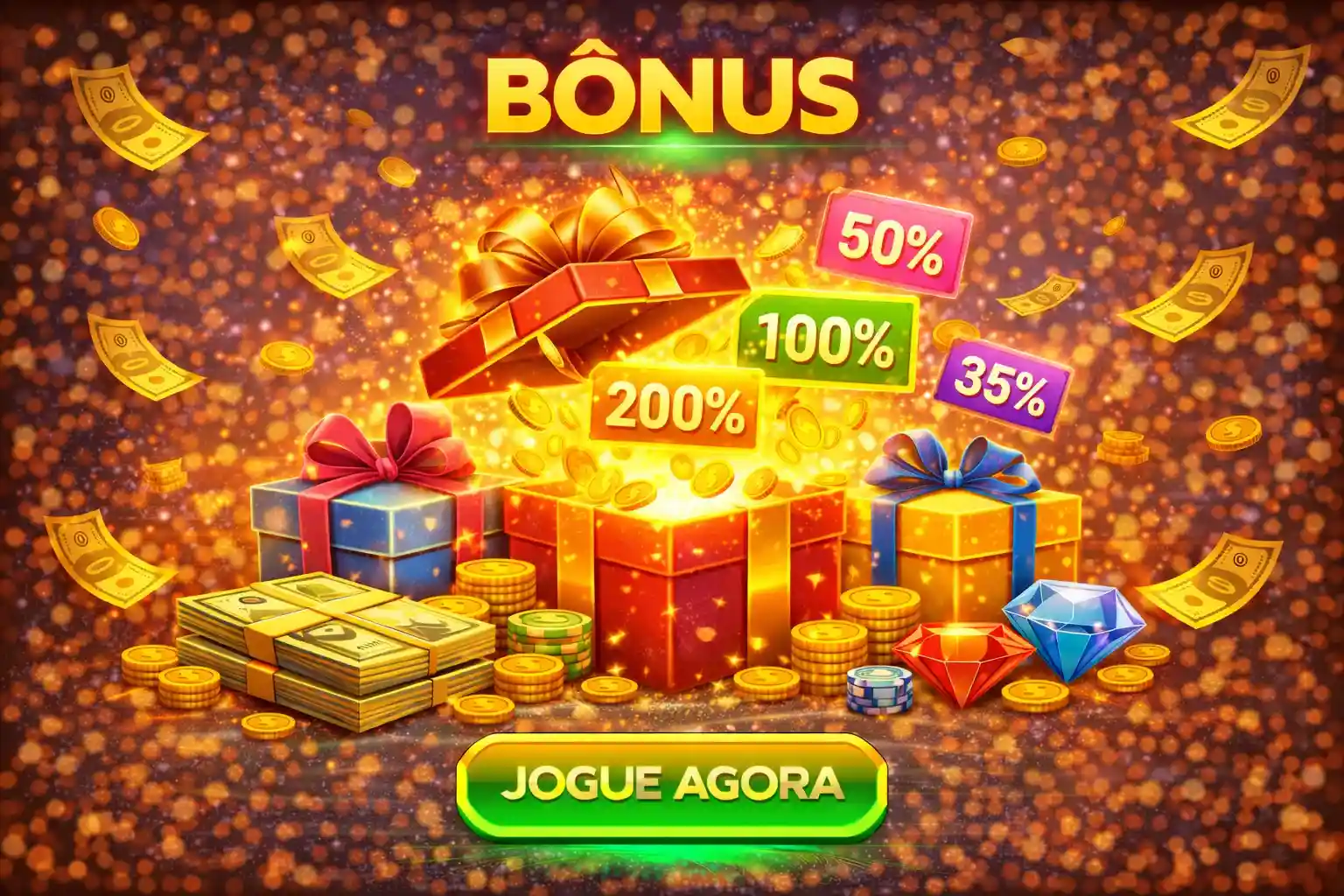 Caixa de presente aberta com moedas de ouro e diamantes