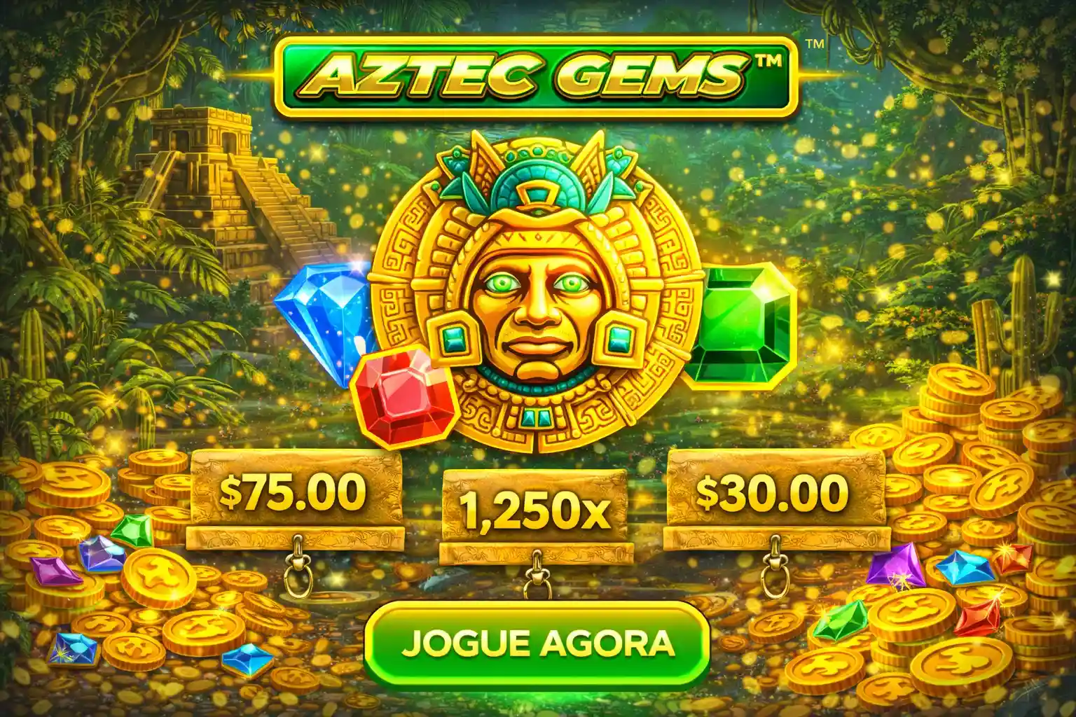 Máscara asteca dourada cercada por pedras preciosas e moedas no jogo Aztec Gems