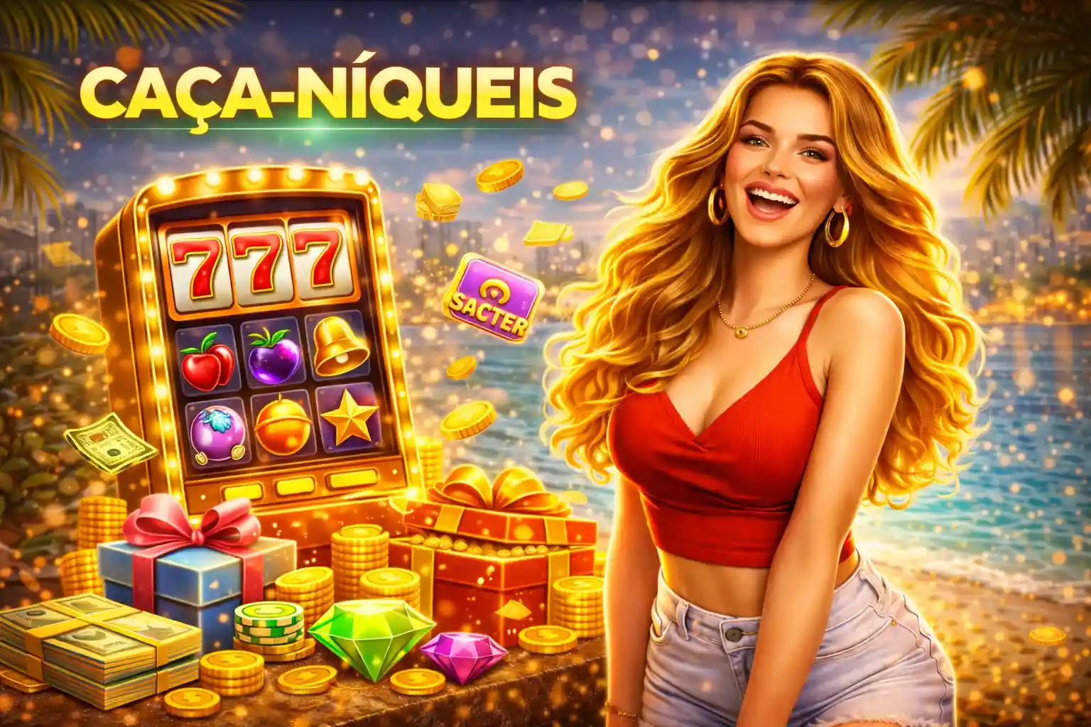 Mulher apresentando máquina de slot clássica 777 com fundo de praia ensolarada