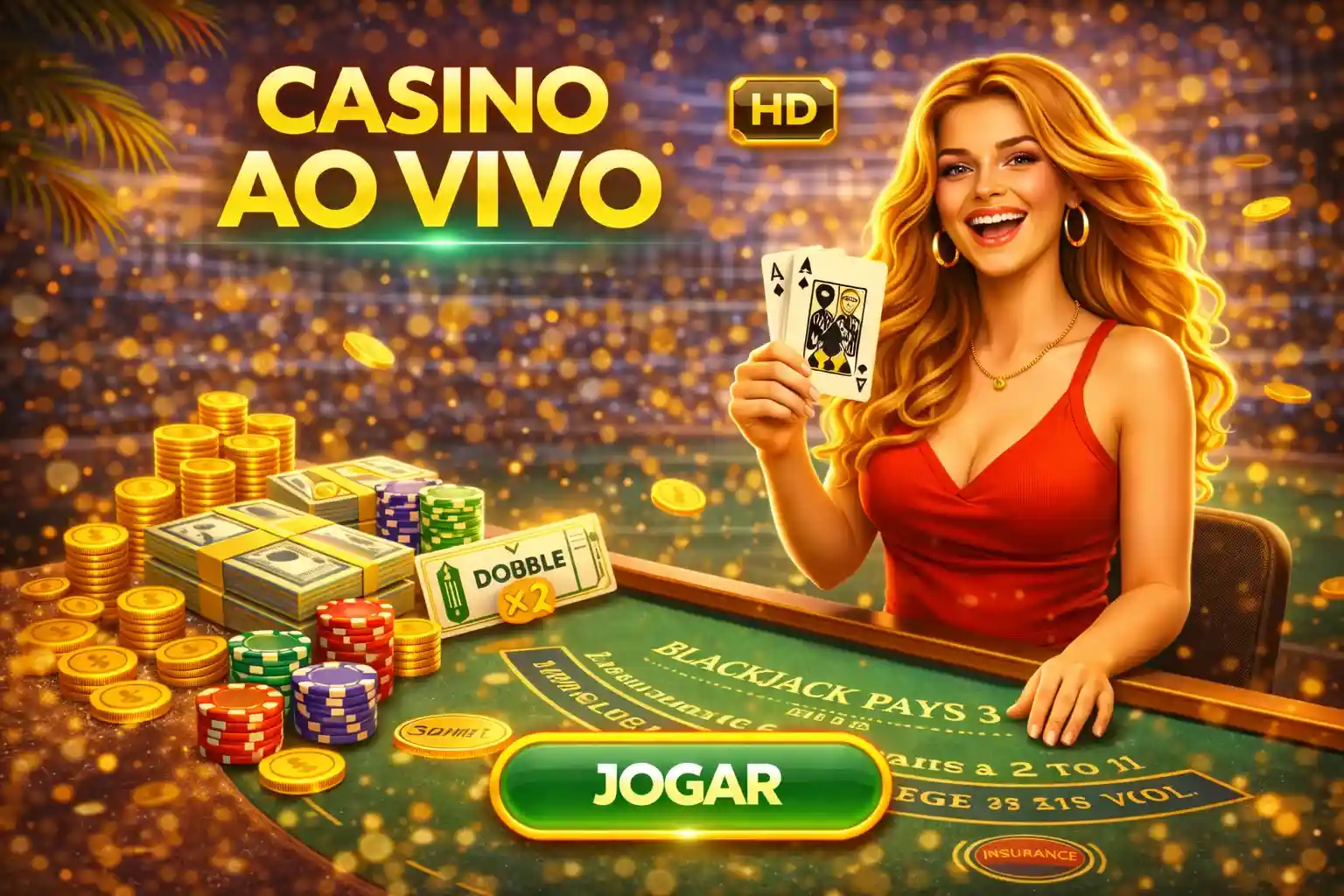 Mulher segurando cartas de baralho em uma mesa de blackjack online