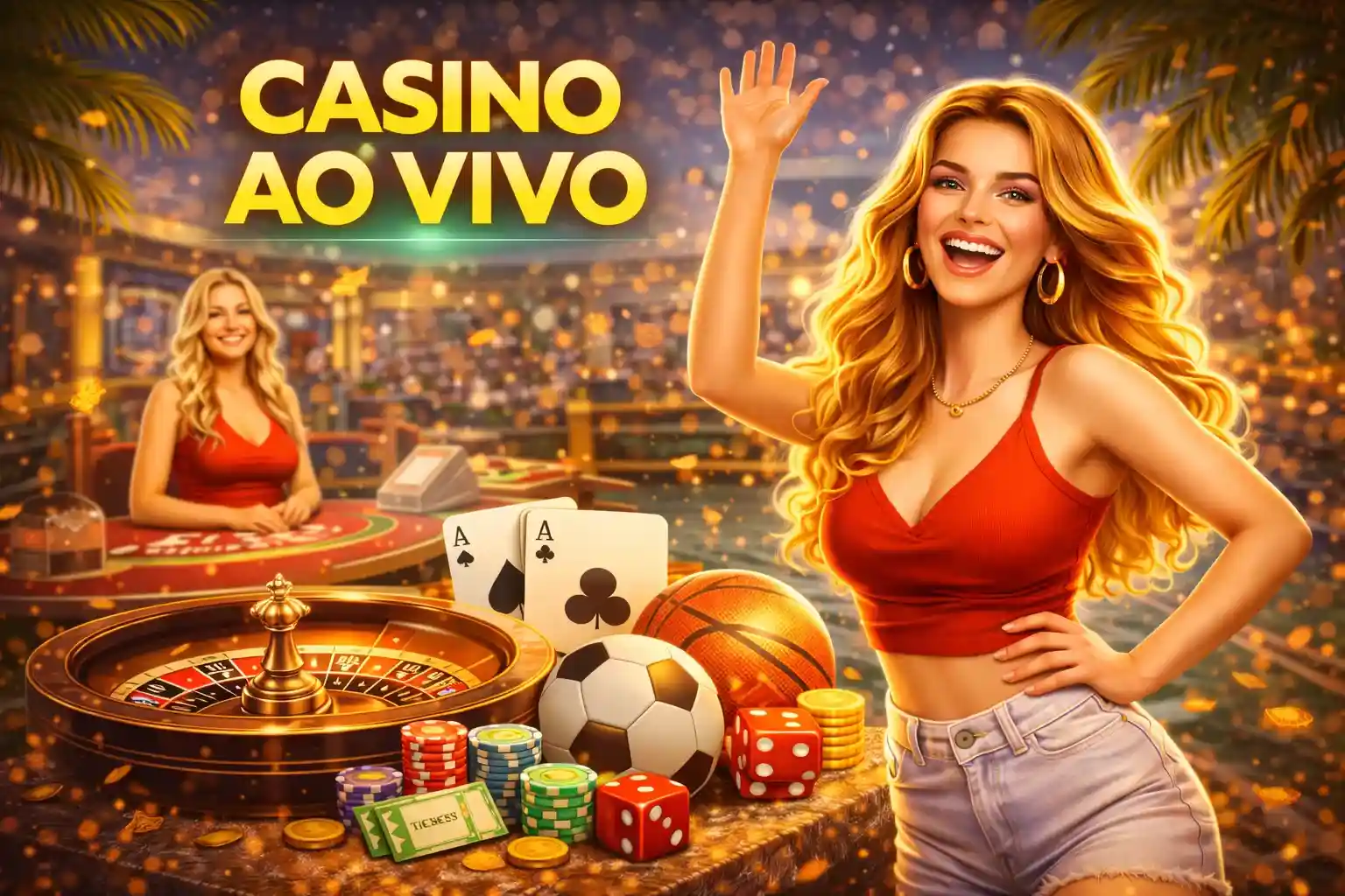 Apresentadora acenando em frente a uma mesa de roleta com crupiê ao fundo