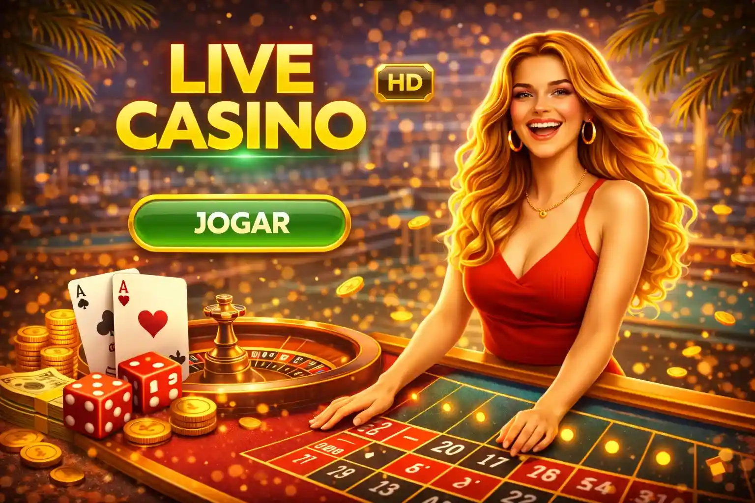 Experiência de casino ao vivo com roleta, dados e crupiê