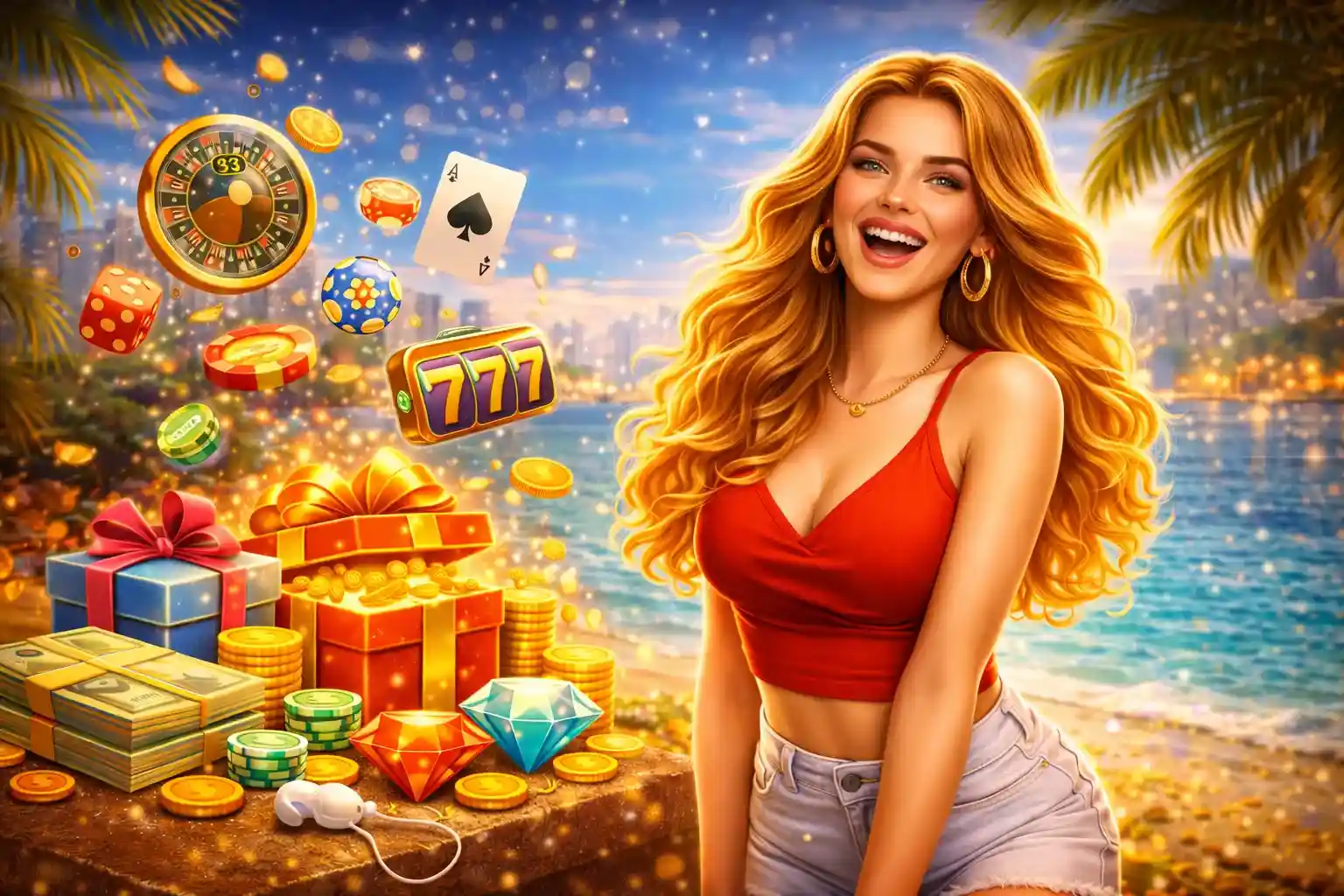 Mulher sorridente com roleta e prêmios em cenário de praia tropical brasileira