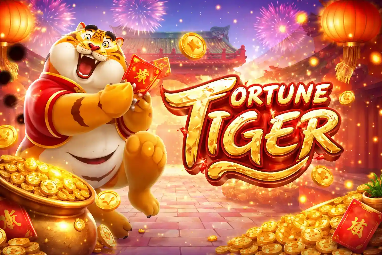 Personagem do tigre da sorte com lanternas chinesas e moedas de ouro