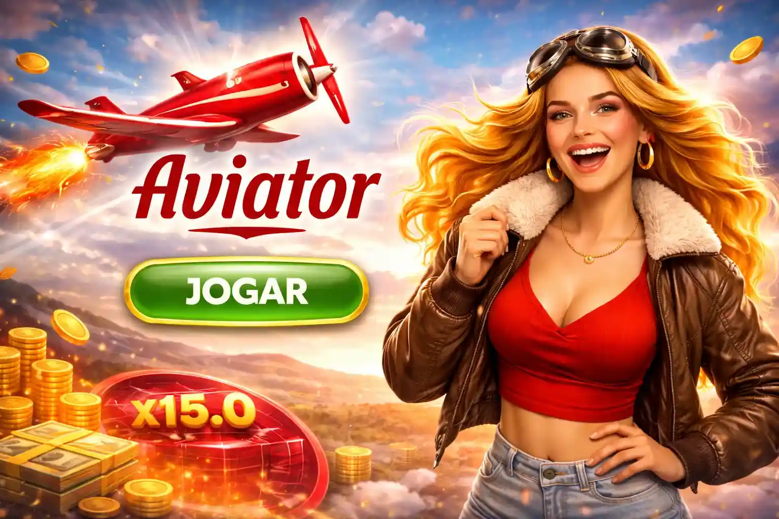 Piloto feminina ao lado do avião vermelho do jogo Aviator com moedas voando