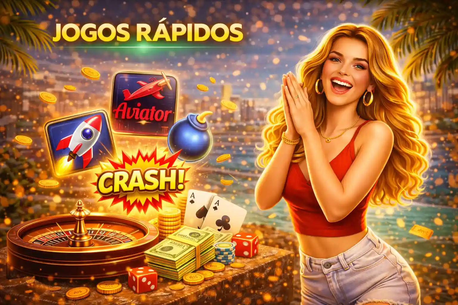Ícones dos jogos Aviator, foguete crash e mines com mulher animada