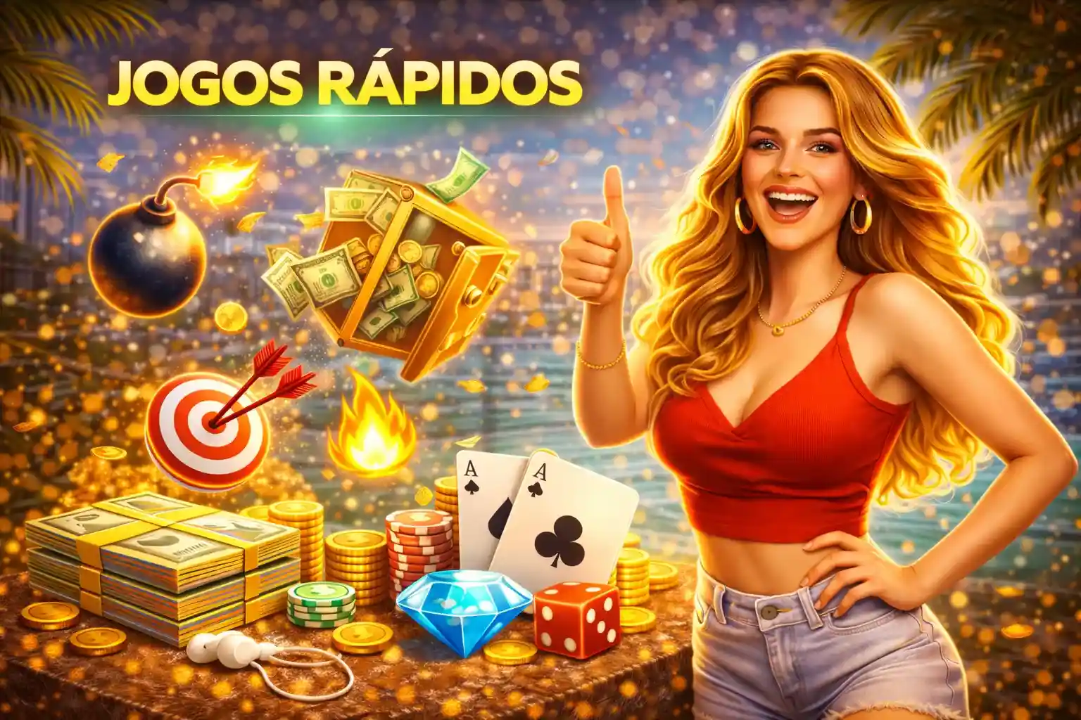 Mulher mostrando positivo ao lado de ícones do jogo Mines e dados