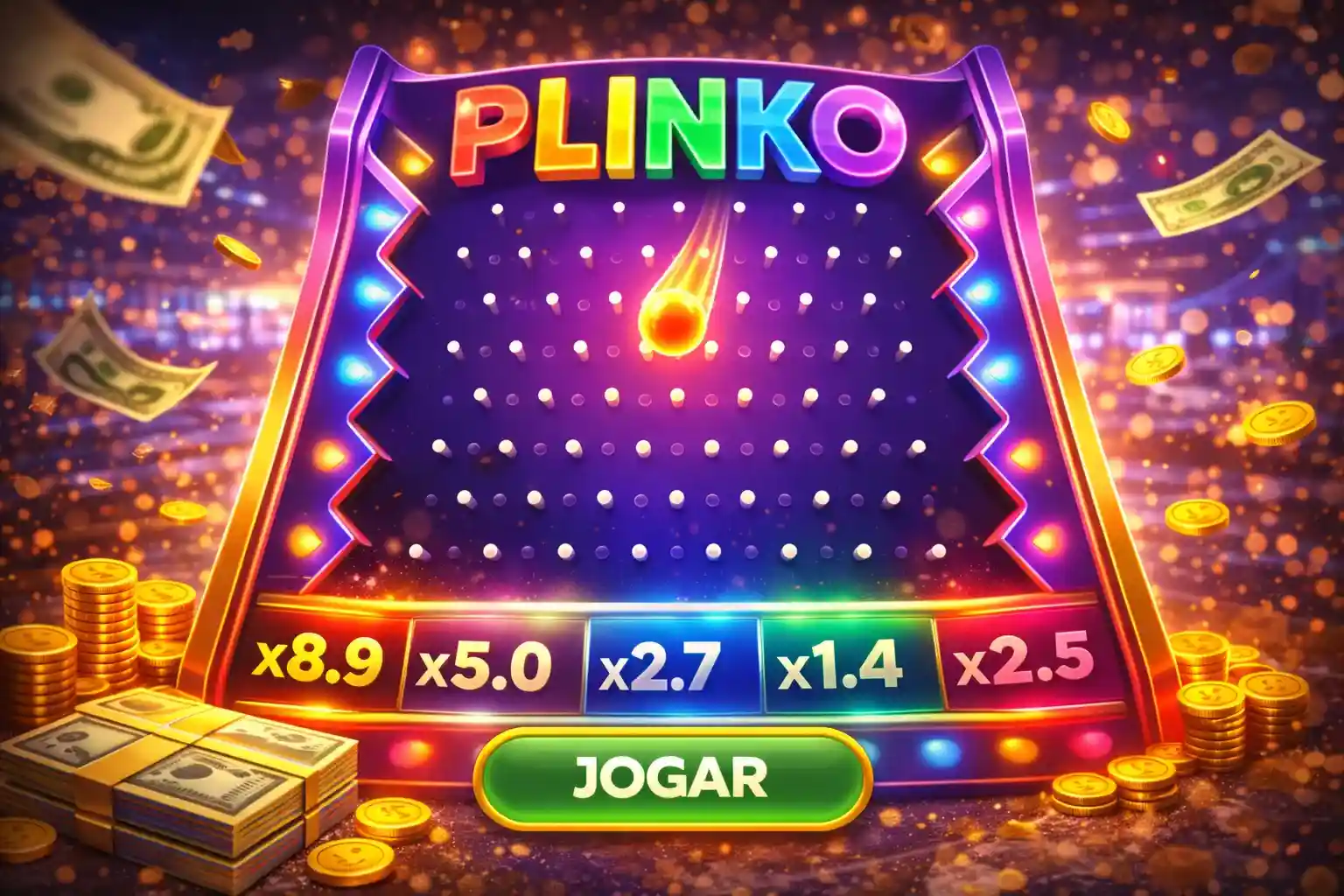 Tabuleiro de Plinko com bola caindo em multiplicadores coloridos