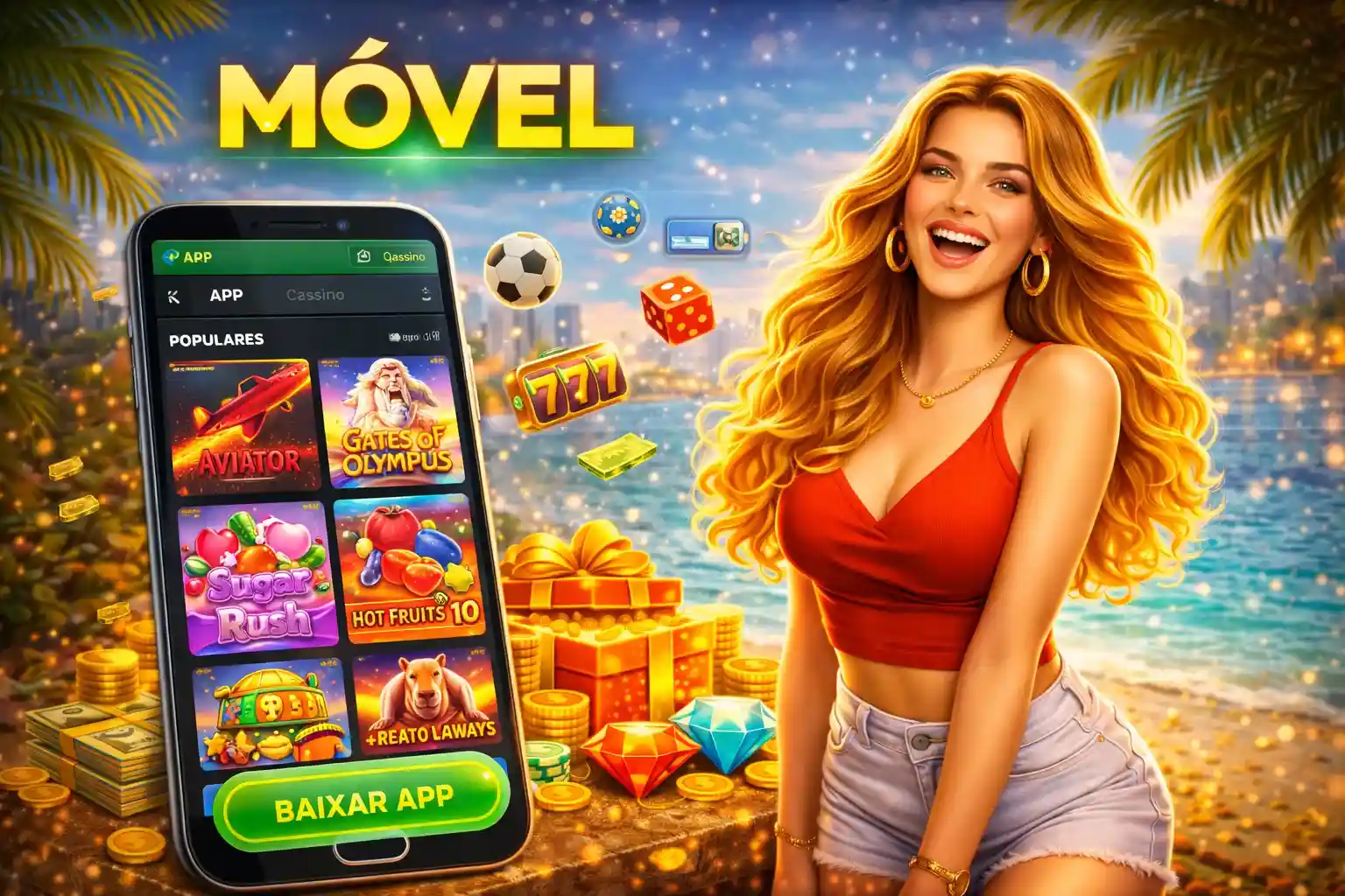 Smartphone exibindo jogos como Aviator e Gates of Olympus na praia