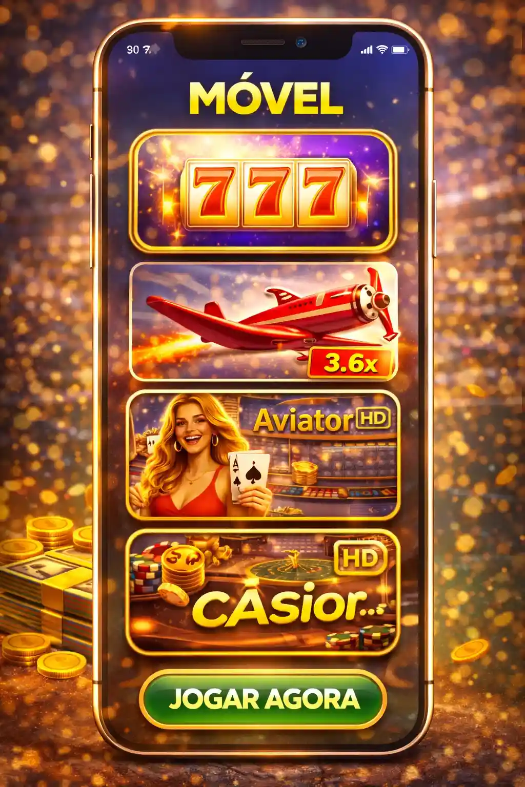 Tela de celular mostrando slots 777 e jogo Aviator