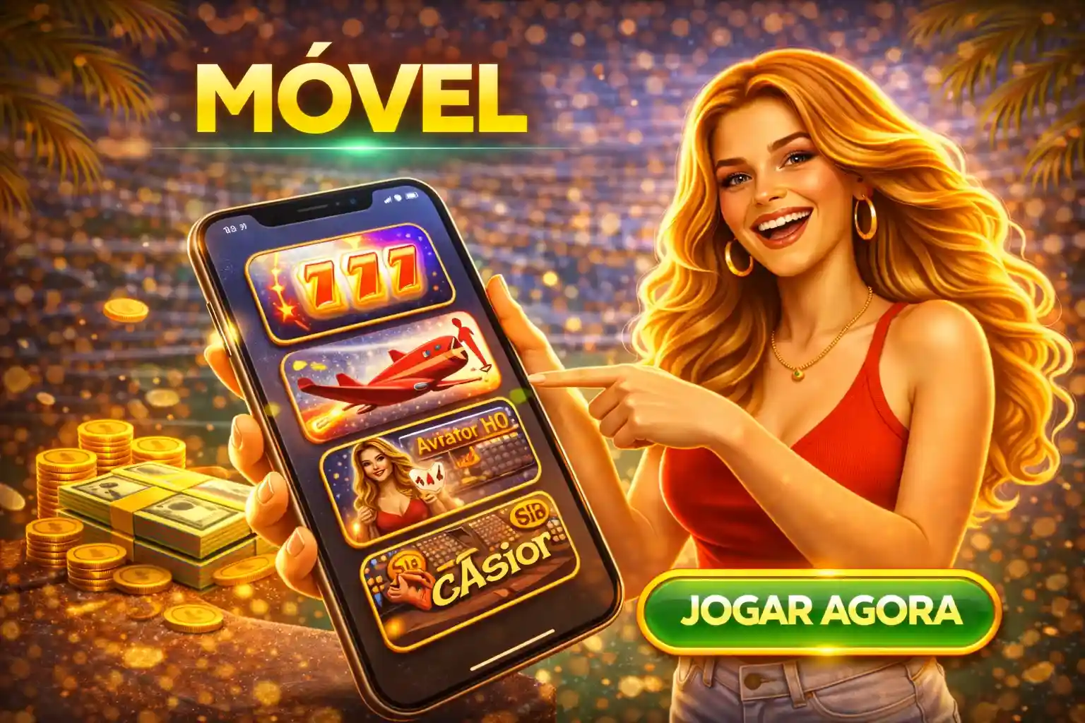 Mulher apontando para smartphone com aplicativo de casino aberto